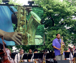 Odean Pope conducting a saxophone choir at the Tel Aviv jazz Festival, 2008